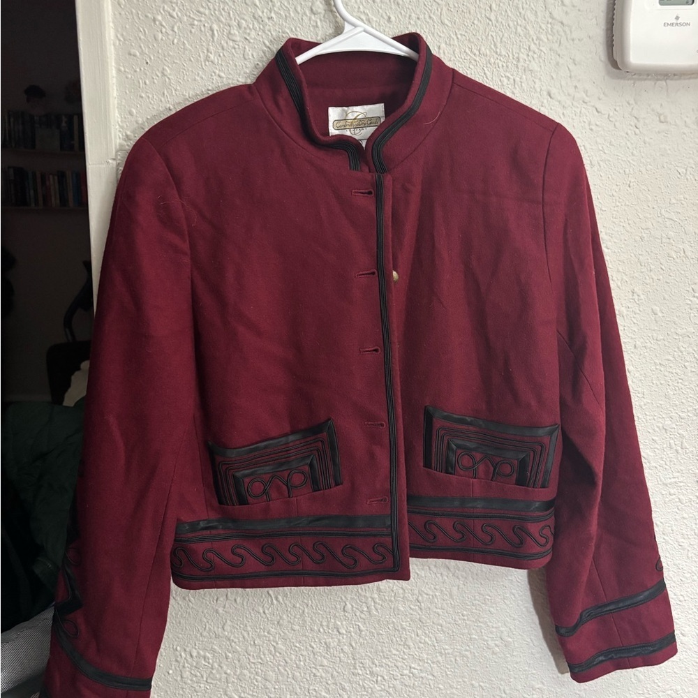 Cambridge Dry Goods Velvet Maroon Blazer with Black Accents Size 6